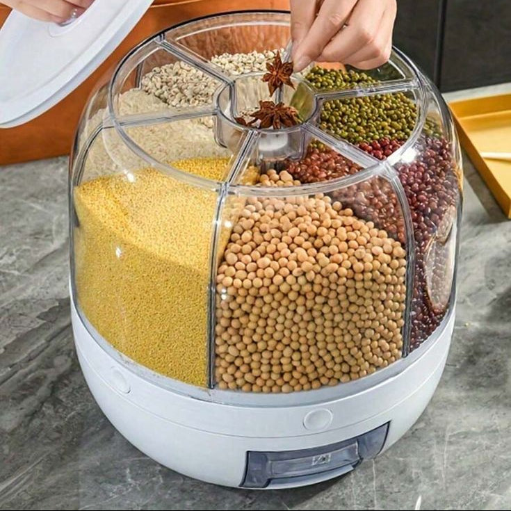 6-Grid Rotating Food Dispenser - Rice Bucket Storage Tank