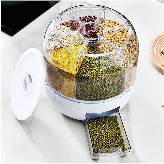 6-Grid Rotating Food Dispenser - Rice Bucket Storage Tank